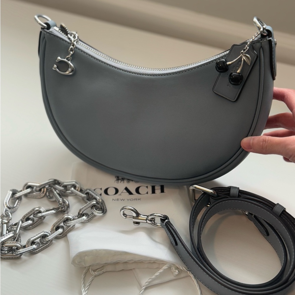 Coach Mira Shoulder Bag in Grey Blue Glovetanned Leather + Chain Strap CM583